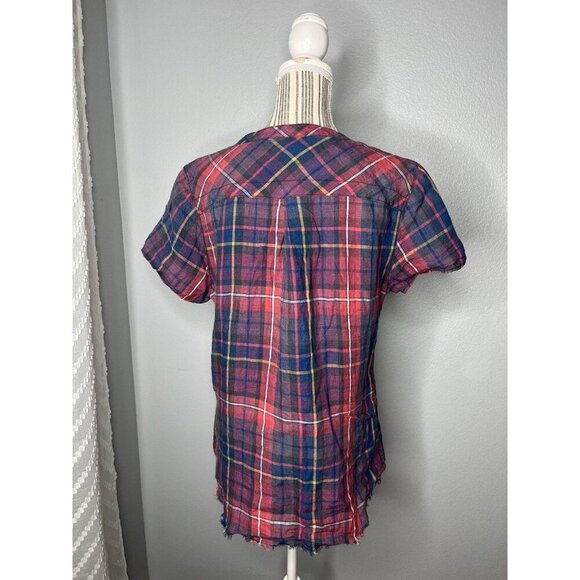 Carbon 2 Cobalt Effortlessly Cool Womens Plaid Popover 100% Cotton Vneck Shirt M - Picture 2 of 2